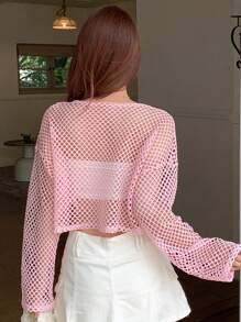 DAZY 纯色落肩短款上衣（不含抹胸）外出上衣节日透明长袖女式上衣，秋季女装 - 粉色 - 查看 2