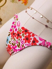 SHEIN Swim 女式夏季沙滩花卉印花褶饰性感比基尼两件套泳衣套装 - 彩色 - 查看 3