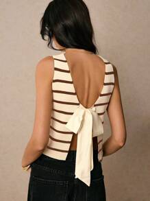 Poéselle Women Striped Back Knot Crew Neck Sleeveless Knitted Top Going Out Tops Women, Backless Shirts,Open Back Top - Coffee Brown - View 3