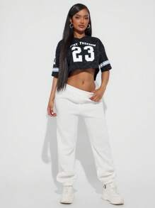 SHEIN SXY Washed Gray Numeric Print Athleisure Graphic Tee Cropped Jersey - Grey - View 7