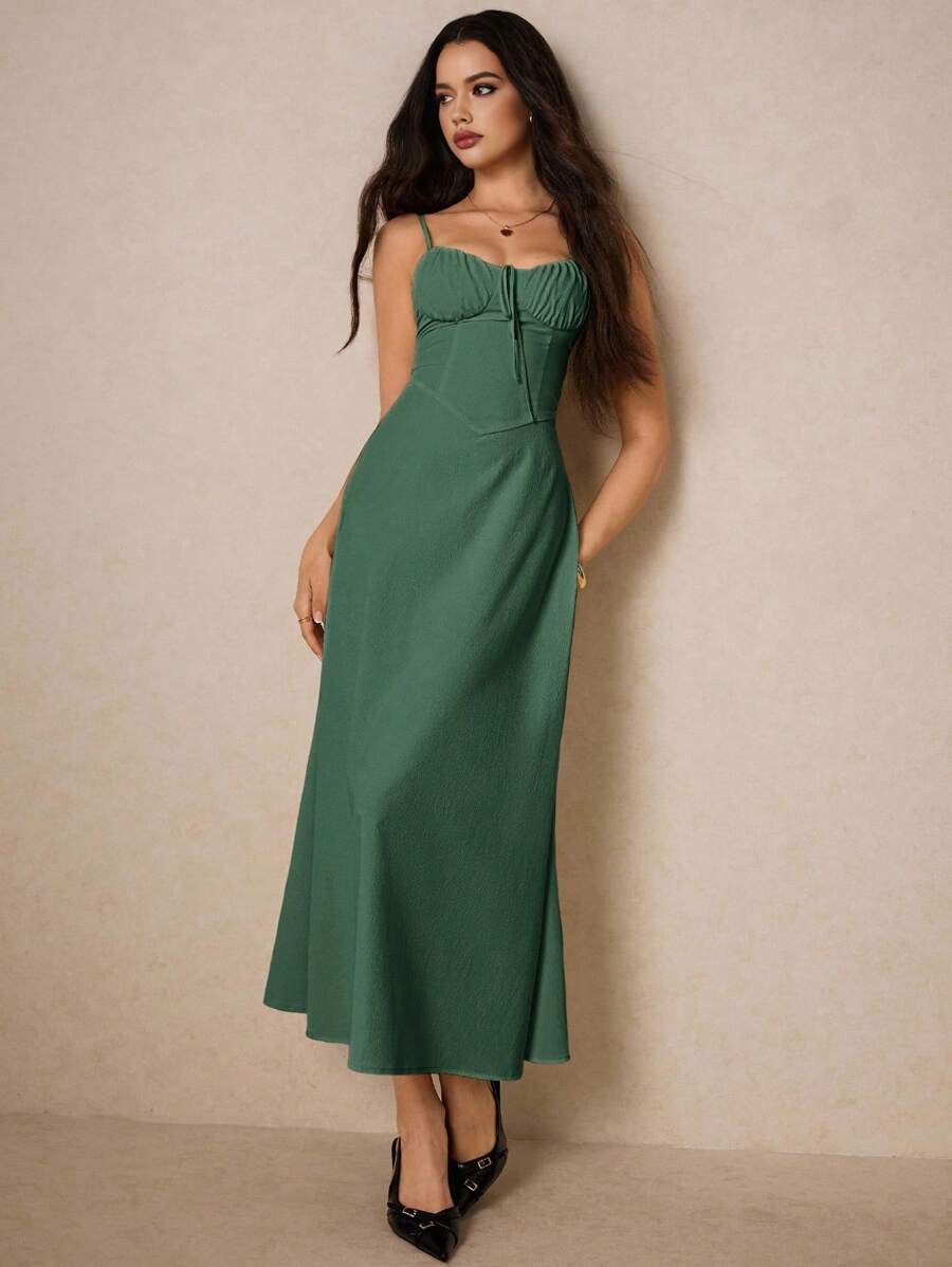 Women's Summer Casual Solid Color Bust Pleated Twist Back Tie Strap Dress, Slim Fit - Green - View 1