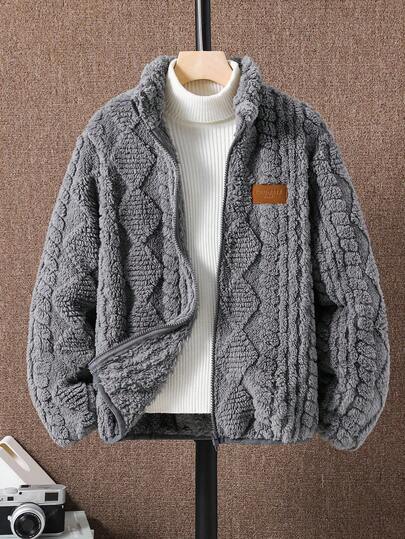 SHEIN Tween Boy Grey Hooded Jacket, Textured Fleece Fabric Zip-Up Casual Versatile Raglan Shoulder Soft Material All-Match Streetwear Comfortable Minimalist Suitable For Outdoor Wear,Back To School Clothes Boy,School Clothes,Back To School Clothes, Gray Jacket Grey Jacket,In Fall/Winter