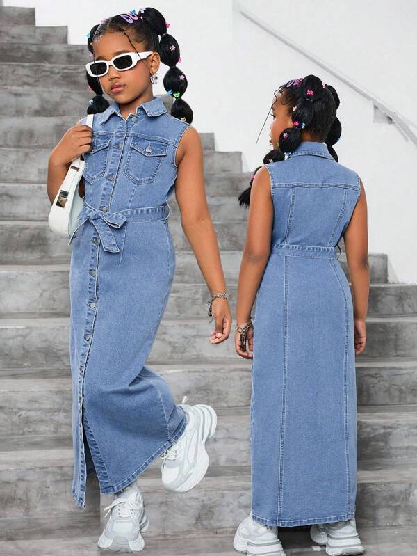 SHEIN Robe chemise en jean bleu décontractée classique sans manches pour préadolescentes, tenue décontractée pour le printemps/été pour les filles