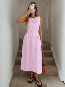 Easowa 圆领无袖荷叶边腰部喇叭蝴蝶结和条纹中长连衣裙，粉色，适合休闲夏季度假优雅户外穿着，蓝白条纹女士连衣裙，度假装，女士沙滩裙，女士连衣裙，优雅太阳裙，商务休闲 - 粉色 - 查看 5