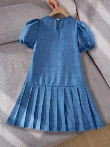 SHEIN 女童青少年牛仔效果天丝拼色褶皱连衣裙，适合度假、郊游、返校和派对穿着 - 藍色 - 查看 3