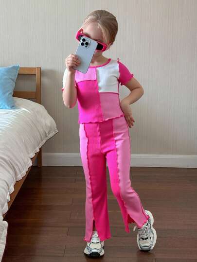 SHEIN Young Girl Athletic Street Style Knitted Contrast Color Round Neck Short Sleeve T-Shirt & Flare Pants Set