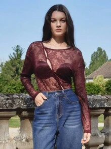 lacRébo Sexy Sheer Lace Long Sleeve Top With Asymmetric Buttons Spring Top Night Out Top Club Spring Summer - Burgundy - View 6