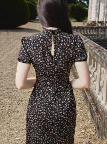 lacRébo Black Floral Print Vintage Style Fitted Woven Dress With High Neck Homecoming Dress Office Outfits For Women Black Floral Dress French Style Dress Autumn Dress - Multicolor - View 3