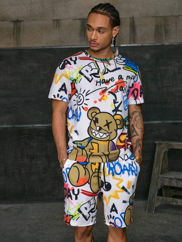 AXEPEAK Men Cartoon Graphic Short Sleeve Tee & Shorts Summer Outfit, Funny, Vacation, Colorful