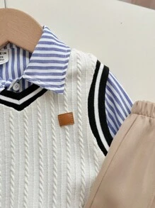 3 件套男婴可爱休闲运动拼色背心、条纹衬衫、松紧腰裤三件套服装，绅士风格适合生日派对、新年派对、晚会、表演、婚礼、月子仪式、洗礼和 1 岁生日、婴儿洗礼 - 彩色 - 查看 4
