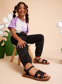 Mini mi Luxury-Inspired Kids' Buckle Strap Harness Cut Out Square Toe Vegan Leather Black Sandals – Quick-Dry Comfy Beach Shoes For Pool, Mall, Vacation