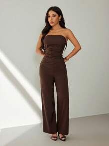 SHEIN PETITE 女士休闲无袖上衣和裤子套装，秋冬夏季 - 棕色 - 查看 5