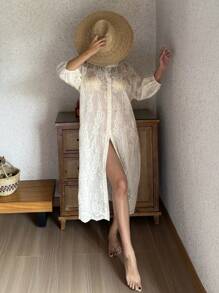 DAZY 波西米亚风格刺绣灯笼袖女式休闲连衣裙、Moo Moo 休闲连衣裙、秋季睡衣 - 米色 - 查看 5