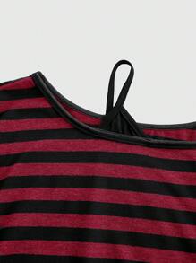 ROMWE Grunge Punk 深色垃圾摇滚/朋克风格斜肩宽松条纹二合一复古深灰色加大码T恤 - 紅色 - 查看 3