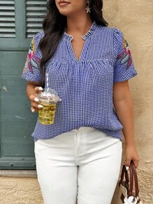 Weeklong 大码女式花卉格纹V领泡泡袖衬衫，夏季 - 藍白色 - 查看 3