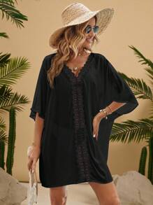 SHEIN VCAY Plus Size Women Vacation Solid Color Contrast Lace Batwing Sleeve Dress - Black - View 4