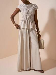 Zivah 2025 夏季新款时尚音乐节/毕业休闲装，学院风，学生日常穿着，百搭休闲海滩度假太阳裙，纹理棉麻面料短袖褶皱下摆衬衫和阔腿裤 2 件套