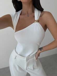 Firerie Asymmetric Shoulder Cross Ruched Backless Bodysuit With Metal Hardware Decor, Elegant Daily Office Wear, Summer & All Season - White - View 6