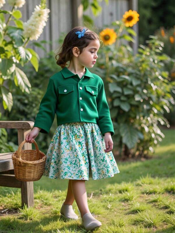 4-7 Years Old Girls Velvet Green Military Style Jacket With Button Decor Pockets & Turn Down Collar, Long Sleeve; Matching Ditsy Floral Dress With Belt, Casual Outfit Set For Autumn Kids Two Piece Jacket With Skirt Green Jacket For Girls Green Skirt For Kids Floral Skirt For Girls Girls Green Clothes