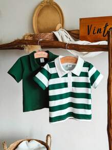 Vintaside Kids 2pcs Baby Boys Summer POLO Shirt Top Two Sets, The Use Of Knitted Fabric, Loose Version Type, Moderate Thickness, Navy Blue Tone Calm Atmosphere, Striped Printing Fashion Bright, Showing The Style Of Leisure Vitality. POLO Collar Design Adds A Hint Of Elegance, Suitable For To Play, With Denim Shorts And Sneakers, Like A Handsome Little Gentleman, Home Leisure, Wedding, Vacation, School Study, Performance Activities, To Participate In Parties