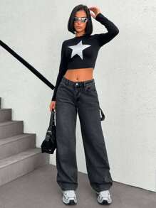 SHEIN Cottnline 100% Cotton WIDE LEG LOW WAIST JEANS - Dark Grey - View 3