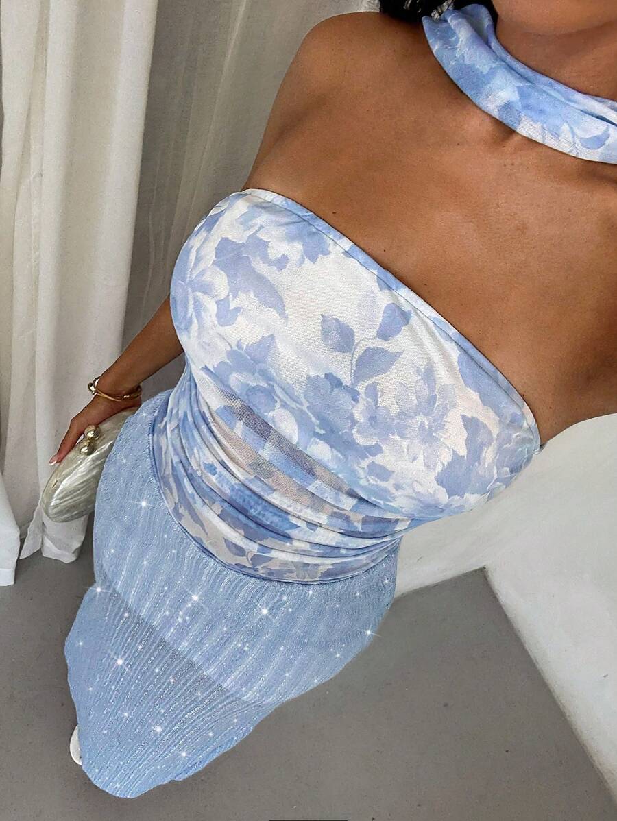 Glamine Rochie elegantă și romantică pentru femei, cu imprimeu floral, cu bustier și buzunar, din plasă, model sirenă cu sclipici, potrivită pentru vacanță, petrecere în grădină, bal, evenimente de seară, haine de toamnă pentru femei, înapoi la școală - Albastru - Vizualizare 1