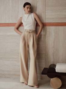 MOTF PREMIUM PANTALONES ACAMPANADOS CON PLIEGUES Y CINTURÓN - Caqui - Ver 6