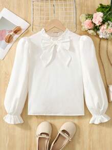 SHEIN 青少年女孩休闲可爱通勤蝴蝶结荷叶边袖衬衫，带可拆卸蝴蝶结，返校，白衬衫，学院风，学校，秋季 - 白色 - 查看 3