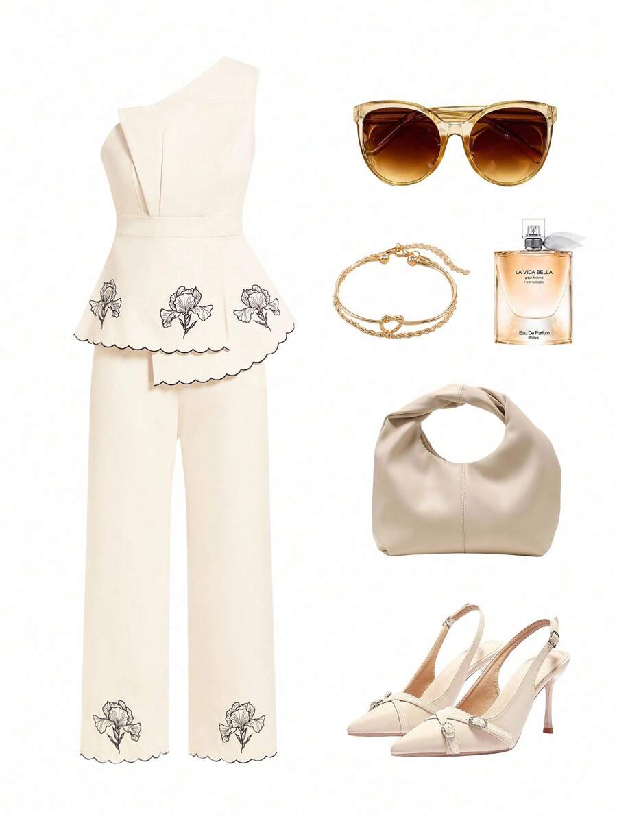 Gownix Women's Asymmetric Shoulder Beige Elegant Floral Embroidery 2 Pieces Outfit,Slim Fit Straight Leg Pants,Summer Day Party Vacation Contrast Trim Set - Khaki - View 1