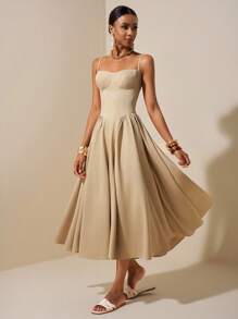 Zivah 2025年夏季新款优雅派对、休闲、约会、职场通勤精致性感法式A字中长连衣裙，女款，面料：纹理亚麻，颜色：卡其色 - 卡其色 - 查看 3