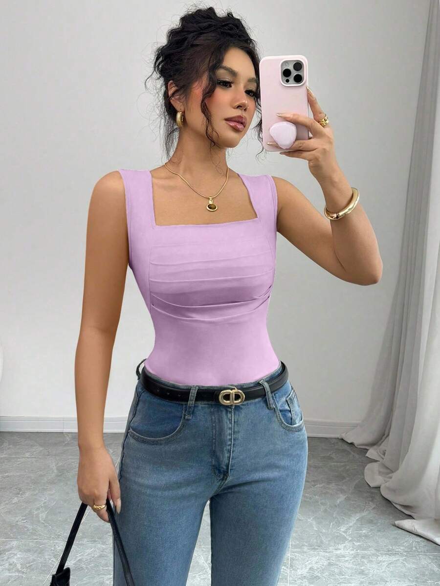 Selianne Women's Elegant Casual Summer Solid Color Square Neck Fitted Camisole - Purple - View 1