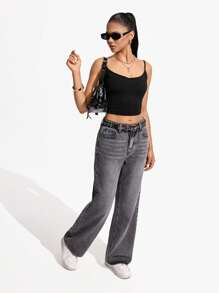 Jeanoix Pantalones vaqueros casuales, versátiles, de pierna ancha y sueltos con bolsillos para mujer