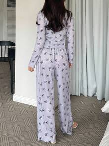 DAZY Sweet Lace Patchwork Bow Print Ruffled Wave Hem Pajama Set Fall Winter Clothes - Dusty Purple - View 2