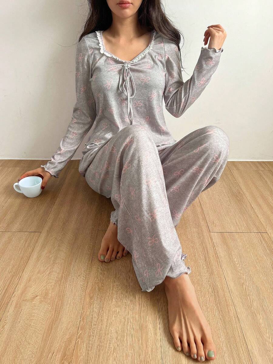 DAZY Sweet Lace Patchwork Bowknot Allover Print Ruched Wave Hem Pajama Set, Fall Clothes - Grey - View 1