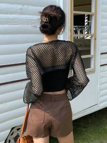 DAZY Solid Hollow Out Crop Top Festival Sheer Long Sleeve Women Tops