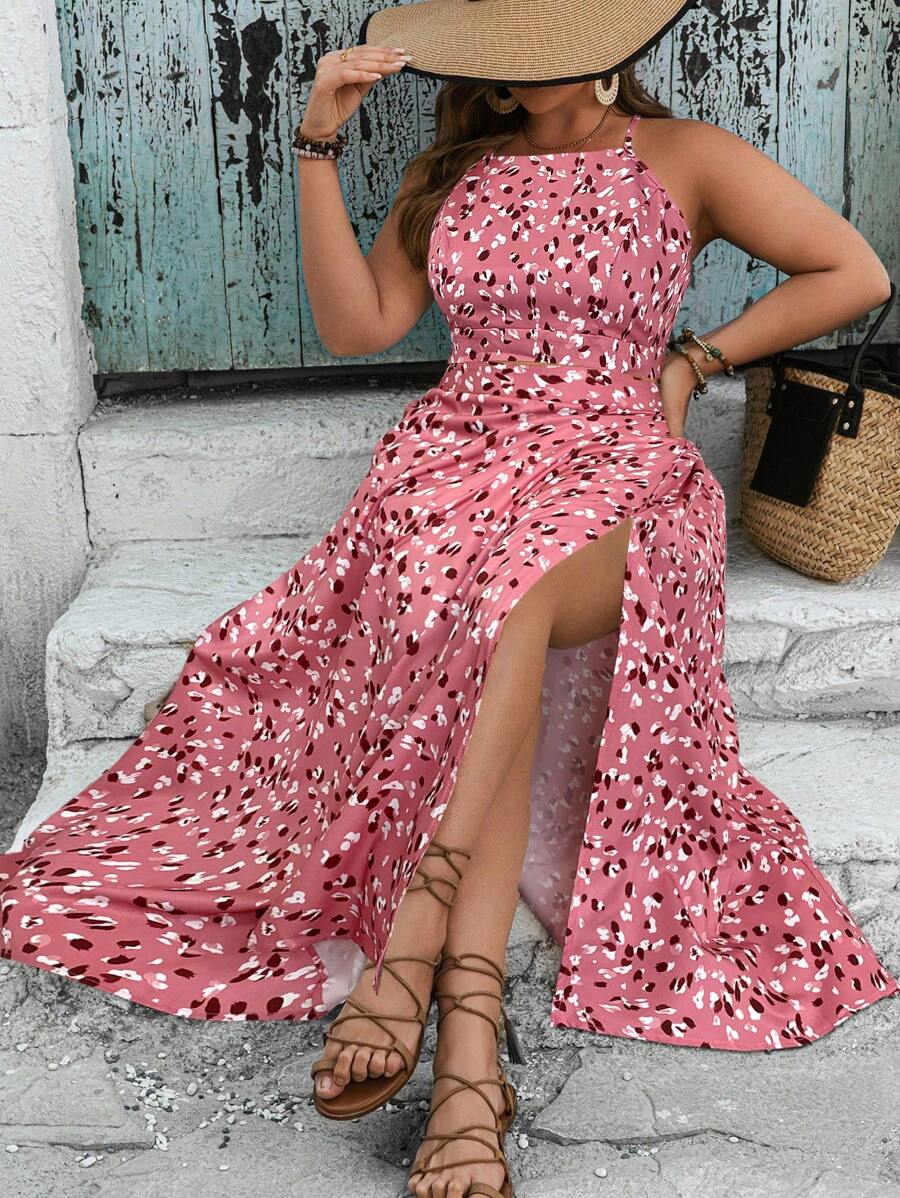 SHEIN VCAY Bộ đồ hai mảnh họa tiết lá và chân váy xẻ tà cỡ lớn cho nữ - Hồng - Xem 1