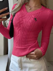 SHEIN EZwear Women's Solid Color V-Neck Regular Shoulder Long Sleeve Fitted Cable Knit Sweater Fall Tops,Tops For School - Hot Pink - View 3
