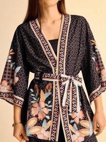 CAJUNI Floral Print Kimono Cover-Up, For Beach Vacation - Black - View 4