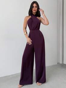 Firerie طقم مكون من قطعتين من لباس علوي مكشوفة الظهر وبنطلون واسع الساق وخصر مرتفع، مناسب للارتداء اليومي والعطلات، أنيق وعصري، مناسب للارتداء خارج المنزل، مناسب للارتداء اليومي والعطلات، باللون البنفسجي الباذنجاني