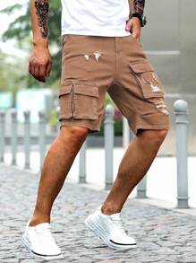 Manfinity Homme Short en jean ajusté avec poches cargo et effet délavé pour hommes - Marron - Voir 3