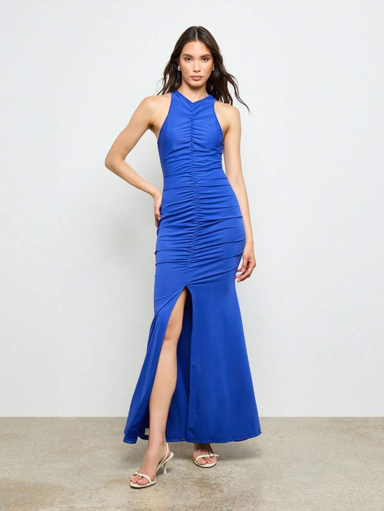 AiiRZ Elegant Evening Mermaid Gown Formal Ruched Design High Neck Bodycon Floor Length Dress Party Wedding Guest Special Occasion Ball Gown
