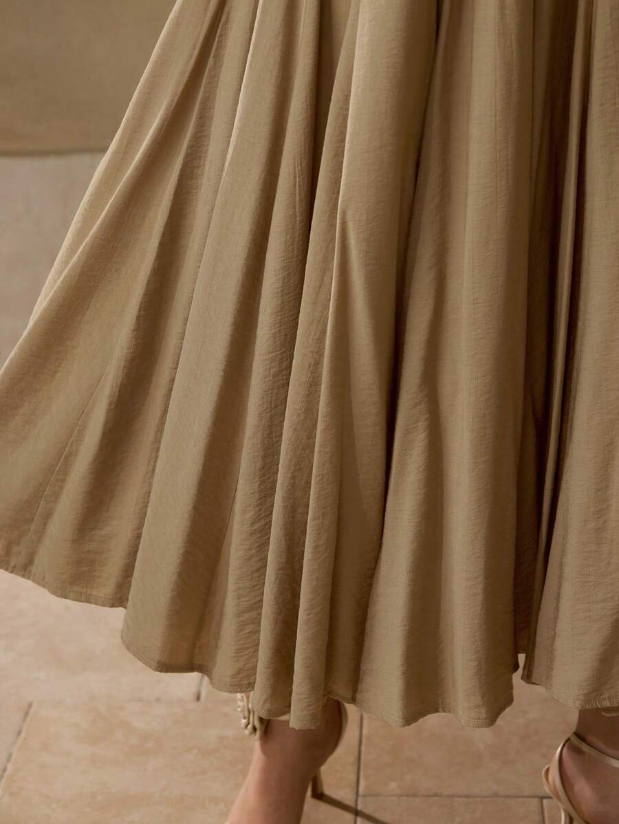 MOTF PREMIUM SOLID ZIPPER SIDE FLARE LONG SKIRT - Khaki - View 2