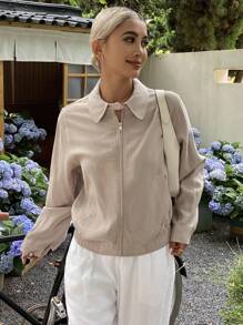 DAZY Women's Plain Zip-Up Long Sleeve Regular Jacket, Spring/Summer Women Coats - Khaki - View 4