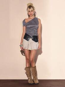 MUSERA 不对称领口修身褶皱长款上衣，夏季度假街头风酷女孩节日休闲露肩上衣，秋季必备 - 深灰色 - 查看 5