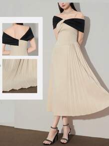 Modelyn Elegant Women's Midi Dress With Asymmetrical Neckline Off-The-Shoulder Design And Pleated Skirt Detail - Multicolor - View 2