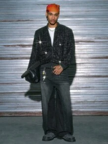 AXEPEAK 秋冬款超大男士拉链亮片飞行员夹克 - 黑色 - 查看 5