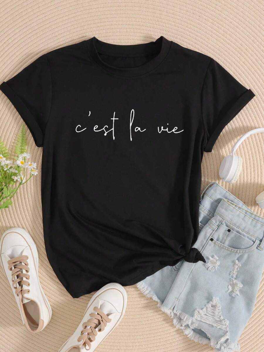 INAWLY Plus Size Letter Print Short Sleeve Casual Simple T-Shirt - Black - View 1