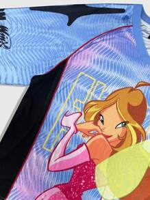 ROMWE MEN Winx Club X ROMWE Maglietta estiva da uomo con scollo a V, maniche a raglan, stampa a contrasto di personaggi dei cartoni animati e stelle, casual e di stile da strada