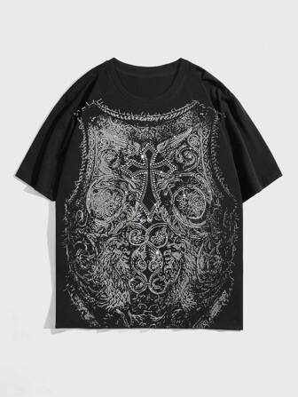 Goth T-shirt à manches courtes col rond casual avec imprimé croix pour homme, été