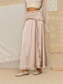 SHEIN MOD Gonna a-line con volant tinta unita da donna, adatta per autunno, rientro a scuola, abbigliamento da ufficio, stile old money, casual business, insegnanti, compleanni, ufficio, stile boho - Cachi - Visualizzare 3
